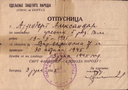 Aleksandar Ajzinberg - otpusnica